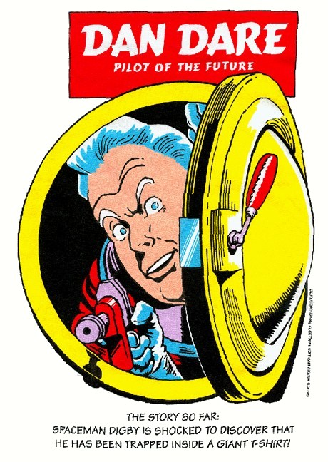 A scan of the front of a Dan Dare t-shirt that uses an image of Digby from the original artwork in Showcase 2