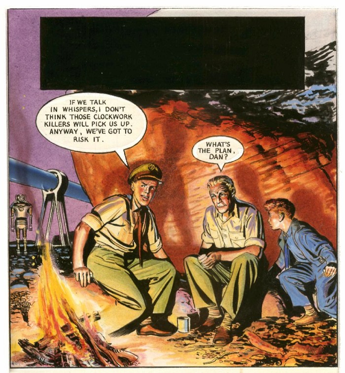 A scan of a frame from the "Reign of the Robots" Dan Dare story