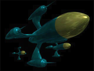 A 3-D computer-modelled image of a Treen Interceptor spaceship