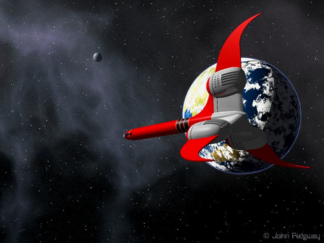 A different 3-D computer-modelled image of the Cryptos ship, this time approaching Earth