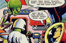 Dan Dare confronts The Mekon via a 3-D video-phone