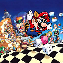 The puzzle picture (official art for the "Super Mario Brothers 3" game) as it looks when completed