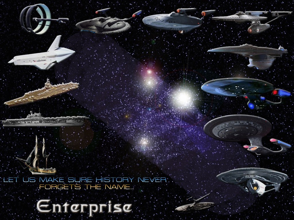 "Star Trek" desktop wallpaper number 2 - the different versions of the USS Enterprise (1024 x 768 pixels)