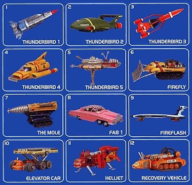 The five Thunderbirds, together with other major vehicles and craft (original 1960's versions)