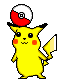 Pikachu balancing a PokeBall on his head